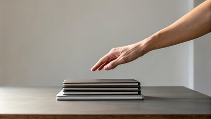 A hand reaches for a stack of sleek, modern books resting on a minimalist table, conveying a sense of anticipation and curiosity.