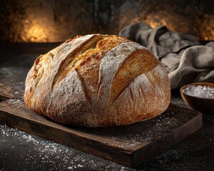 Artisan Bread Loaf on Dark Wooden Cutting Board with Sprinkled Flour and Salt in Rustic Kitchen Setting
