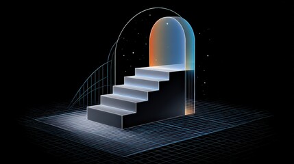 Abstract Stairway to Portal in Digital Art Style Against Dark Background with Pixelated Reflections and Luminescent Accents