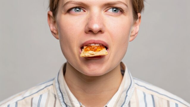 Young woman holding a slice of pizza in her mouth, showcasing a playful and casual attitude against a neutral background.