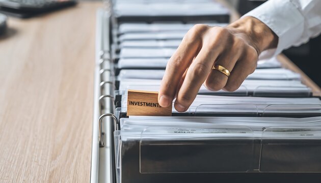 Man's hand selecting an 'INVESTMENT' tab in a file organizer, highlighting financial planning.