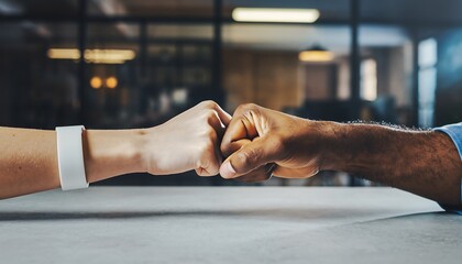 Two diverse hands fist bumping, symbolizing teamwork and partnership in a modern office setting