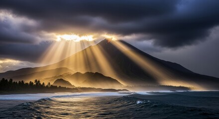 Volcanic mountain with dramatic sunlight beams piercing through clouds.