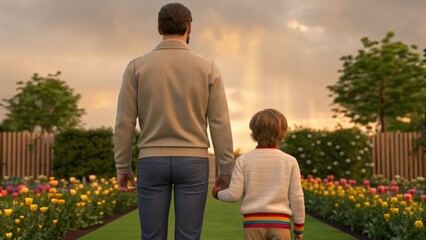 A father and son walk hand-in-hand through a vibrant flower garden, enjoying a serene moment together under a cloudy sky.