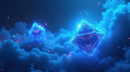Mystical glowing crystals floating in a surreal blue nebula
