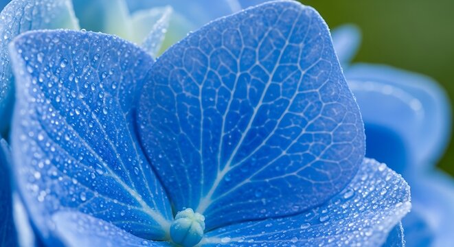 Close up of a vibrant blue hydrangea flower petal with water droplets.