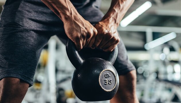 Muscular man gripping a heavy kettlebell during an intense gym workout. - Powered by Adobe