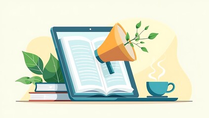 Modern abstract clip-art of a tablet with a book sprouting leaves, ear listening from screen, cup of tea beside, gentle pastel colors, smooth lines, symbolic digital education.