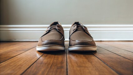 A pair of brown shoes is centered on a wooden floor, with a soft light illuminating the scene, creating a casual and inviting atmosphere.