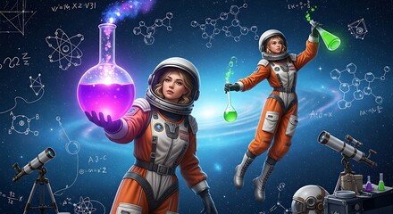 Two astronauts in orange space suits conduct scientific experiments with beakers and flasks, surrounded by science diagrams and telescopes in space