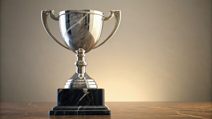 A shiny trophy sits on a marble base, symbolizing achievement and success against a soft, neutral background.