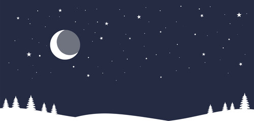 Winter night scene with snow covered hills trees moon and starry sky above