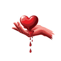 A symbolic image featuring a human hand gently holding a glossy red heart from which droplets of a dark red liquid are slowly falling, representing love, sacrifice, or pain.