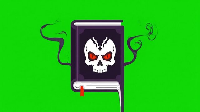 Animated Spooky Book with Skull and Evil Eyes on Green Screen.