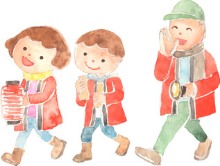 火の用心の見回りをする親子のイラスト、ベクター