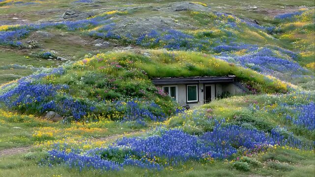 Enchanting Green Roof Home Nestled in a Vibrant Wildflower Meadow.