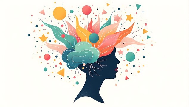 Clip-art of a head silhouette with colorful shapes, sparks, and flowing lines bursting outward like creative ideas. Soft pastel rainbow palette, smooth and modern.