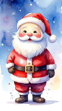 Watercolor illustration of a jolly, roly-poly figure in a red suit, hat, and big white beard, set against a blue and white painted background