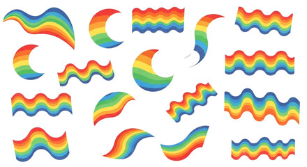 Obraz premium Rainbow vector shapes set colorful wavy lines and crescent moons design
