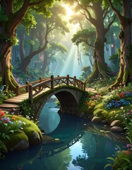 A vibrant forest scene features a stone bridge over a calm stream. Sunlight streams through the trees