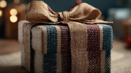Wrapped Treasure: A beautifully wrapped gift sits invitingly, adorned with a rustic bow. The image evokes feelings of anticipation and thoughtfulness, perfect for occasions of giving and celebration.