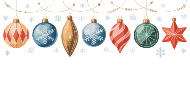 Elegant christmas ornaments hanging with snowflakes festive holiday