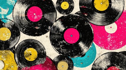 Abstract Vinyl Record Art with Colorful Accents in Pink Yellow and Blue on Textured White Background