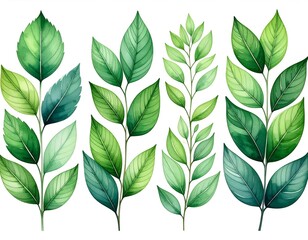 Watercolor illustrations of various green leaves and branches
