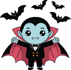 Cute cartoon vampire character with open cape surrounded by flying bats, adorable Halloween illustration perfect for kids spooky fun themed designs