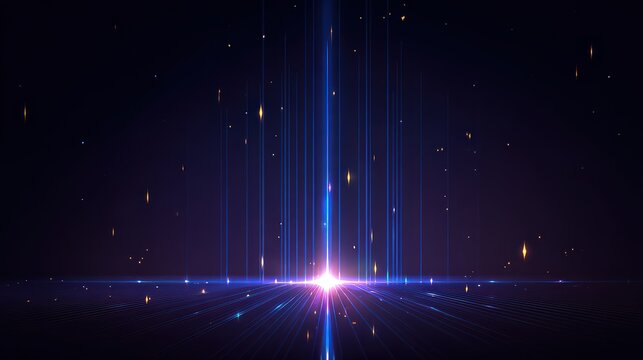 Abstract Visualization of Resonant Frequency with Vertical Blue Lines and Floating Particles on Dark Background