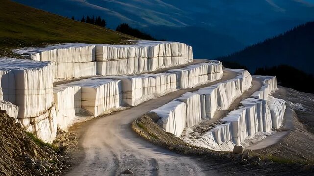 Serene Mountain Landscape with Rows of White Wrapped Structures on a Dusty Path.