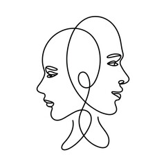 One Line Art: Two Human Face Profiles Continuous Drawing Duality and Connection Concept