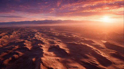 Aerial View Of Cityscape At Sunset With Vibrant Sky And Glowing Sun Rays
