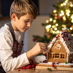 A young boy carefully decorates a gingerbread house with white icing and berries, festive lights in the background