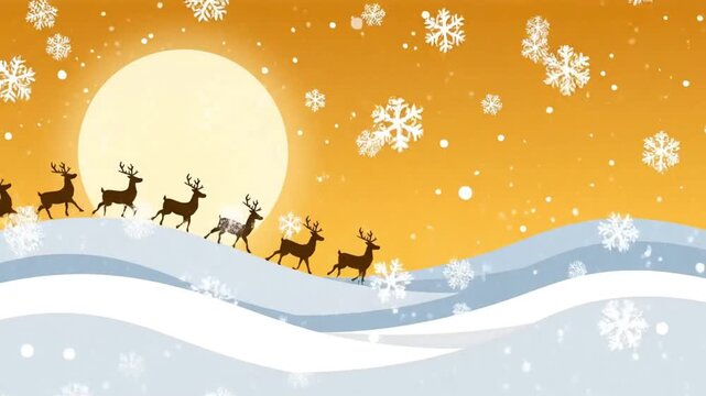 Animated Reindeer Parade in Snowy Winter Landscape.