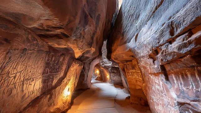 Ancient Rock Carvings in a Dramatic Canyon Pass with Warm Lighting.