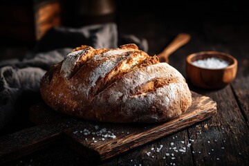 Artisan Bread Loaf on a Wooden Board with Salt Bowl Dark Moody Lighting
