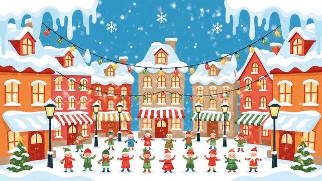 Festive Christmas Village Scene with Cheerful Children and Snow.