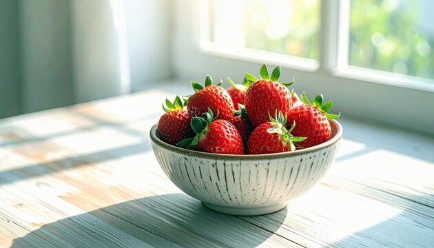 A bowl filled with ripe, red strawberries sits on a wooden surface, illuminated by natural sunlight filtering through a window.