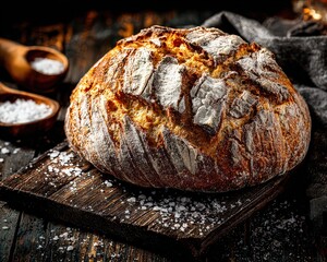 Artisan Bread Loaf on Wooden Board with Coarse Salt and Rustic Backdrop