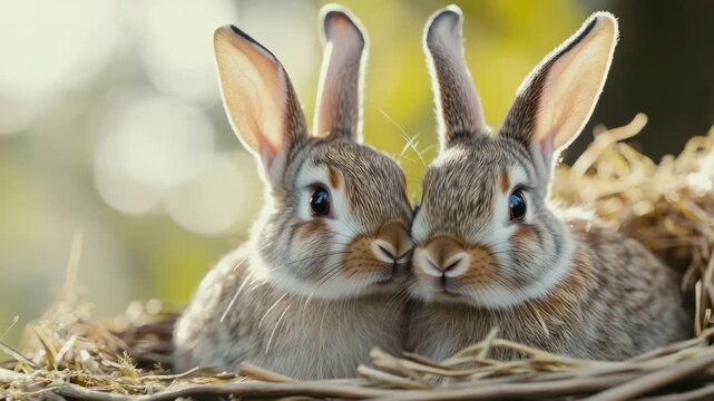 Two cute rabbits snuggling in nest, enjoying sunny outdoor setting