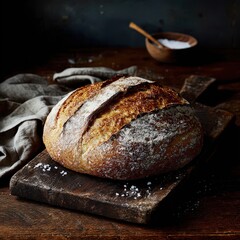 Artisan Bread Loaf on Wooden Board with Scattered Salt in Dark Light