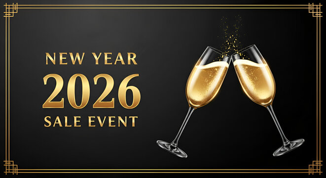Elegant New Year 2026 Sale Event Banner with Toasting Champagne Glasses in a Luxurious Gold and Black Design for Celebrations, Promotions, Festival Announcements, and Festive Marketing Campaigns