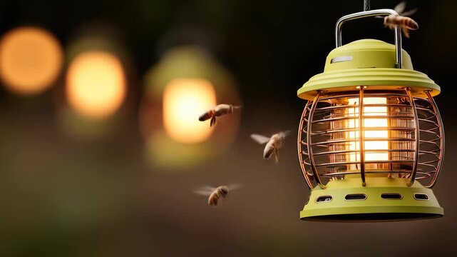 Insects attracted to a bug zapper lantern at night.