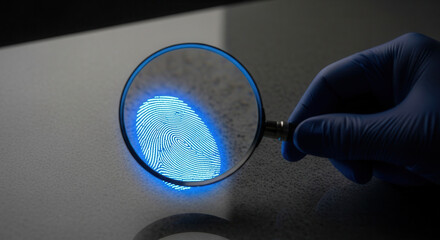 Forensic investigator examines glowing blue fingerprint under magnifying glass, revealing intricate patterns for identification and evidence discovery