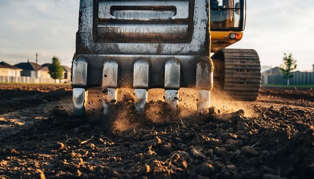 Heavy excavator bucket digging into rich earth, creating golden dust at a construction site during sunset