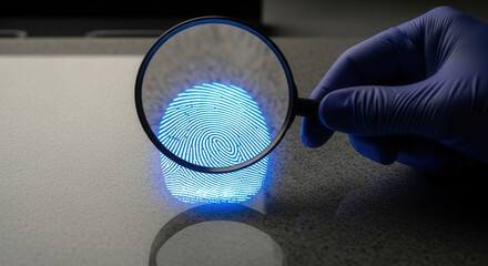 Forensic investigator meticulously examines glowing blue fingerprint under magnifying glass, revealing intricate patterns for identification and evidence.