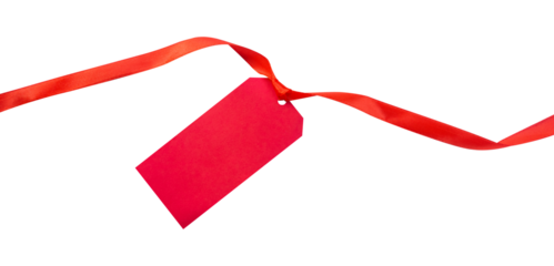 red gift tag with ribbon isolated on white