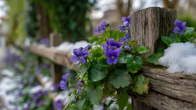 Delicate purple violets bloom through lingering snow on a rustic wooden fence.
