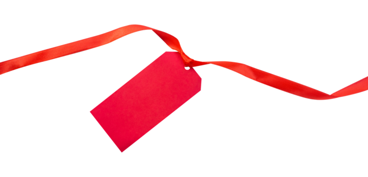red gift tag with ribbon isolated on white